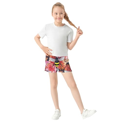 Girls Lounge Shorts Vintage Bee Red Flowers Navy Girls Athletic Pajama Shorts Teen Patterned Summer Clothes, X-Small2
