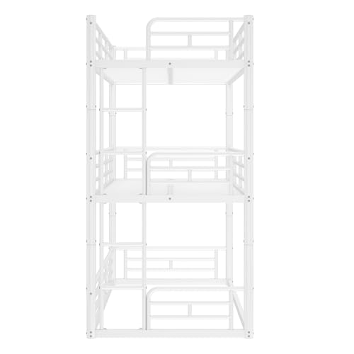 Image of Twin Over Twin Over Twin Bunk Bed with Safety Guardrails, Modern Metal Triple Bed Frame for Kids, No Box Spring Required, White