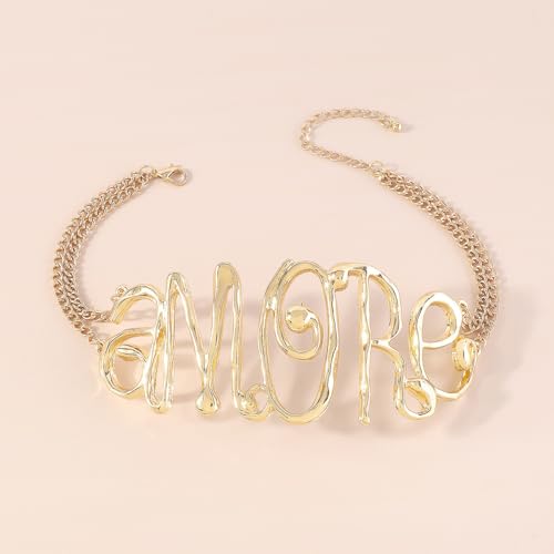 Metallic Amore Necklace Wide Script Word Choker Necklace4