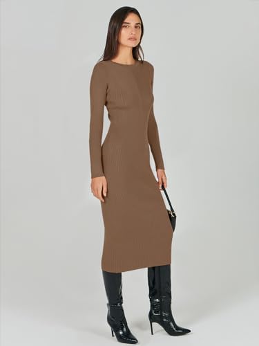 Image of ANRABESS Women Long Sleeve Sweater Dress Crewneck Bodycon Stretch Slim Fit Ribbed Knit Midi Dresses 2025 Fall Trendy Outfits Brown X-Large