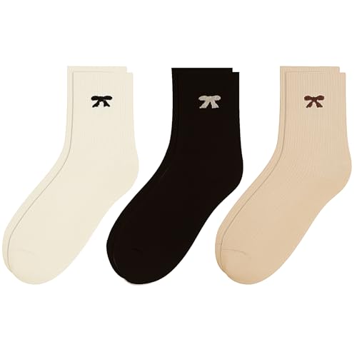 TUCEWP 3 Pairs Bow Socks for Women Thick Cozy Coquette Bowknot Crew Socks Cute Boho Black Brown Beige Warm Fall Winter Socks Soft Breathable Cotton Boot Sock Fashion Christmas Birthday Holiday Gifts