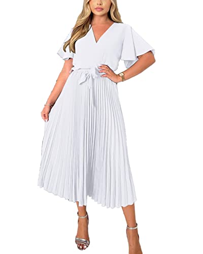 BTFBM Sommerkleid Damen Kurzarm V-Ausschnitt Wickelkleid Plissee Satin...