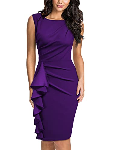 Knitee Women's Retro Business Sleeveless Ruffle Ruched Bodycon Cocktail Dress (Purple, Medium) #TOP21