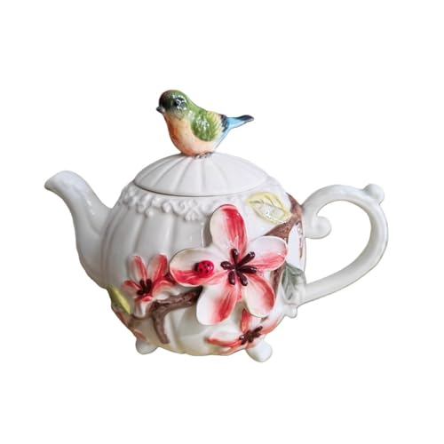 PEHOST 3D Hand-painted Magnolia Flower and Bird Teapot, White Ceramic