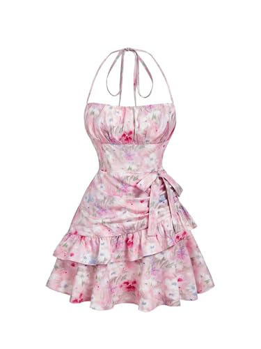 Image of Floerns Women's Floral Halter Ruffle Tiered Cute Summer Mini Dress Milkmaid Vacation Sundress