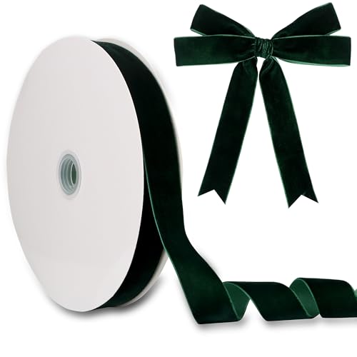 1 Inch Velvet Ribbon 30 Yards LVYOUIF Single Side Flocked Christmas Ribbon Roll for Gift Wrapping, Bouquets, Tree Bows, Holiday & Party Decoration Dark Green -165