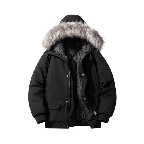 Mens Winter Jacket with Fur Hood Long Sleeve Zip up Collar Warm Parka Jacket Winter Puffer Coats with Pockets