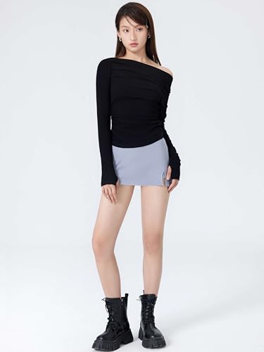 CIDER Women's Asymmetrical Top Off The Shoulder Long Sleeve Shirts Ruched Going Out Crop Tops3