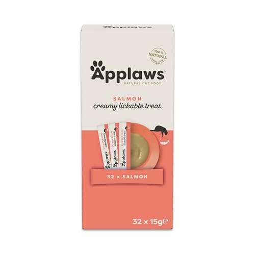 Applaws Salmon Creamy Lickable Cat Treats for Cats and Kittens 32x15g, Grain Free Puree 15g Sachet