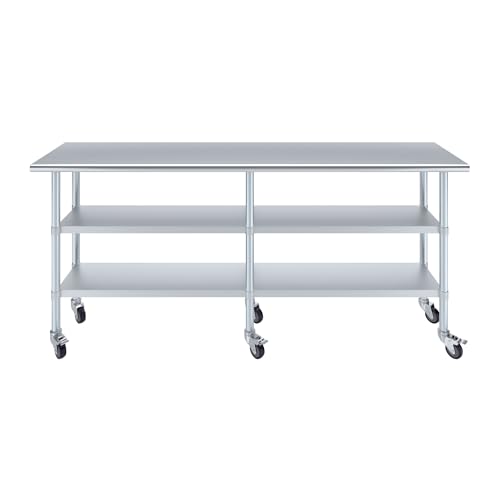 Image of AmGood Stainless Steel Work Table with 2 Shelves and Casters | Metal Utility Table On Wheels (Stainless Steel Work Table with 2 Shelves + Casters, 84 inch Long x 18 inch Deep)