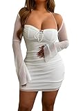Zebaexf Women's Mesh Dress Long Puff Sleeve Mini Bodycon Party Clubwear for Women S