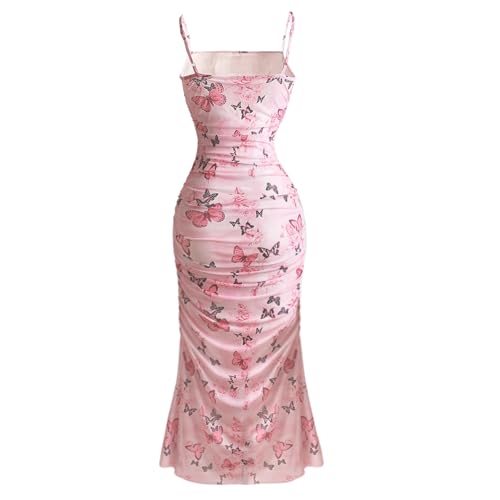 Image of ACOSAP Women's Floral Ruched Bodycon Midi Dress Sleeveless Mesh Fishtail Slip Dresses