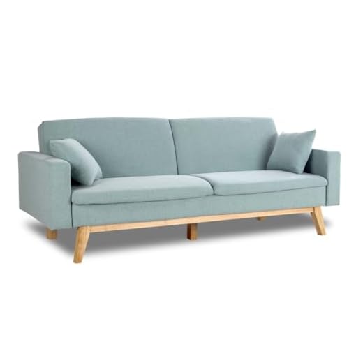 Don Descanso, Sofá Cama 3 plazas Reine, Tapizado en Tela, Color Verde Menta, Sistema Apertura de Libro o Clic-clac, Medida sofá: 201x73x79 cm., Medida Cama: 201x99x42 cm., Incluye 2 Cojines