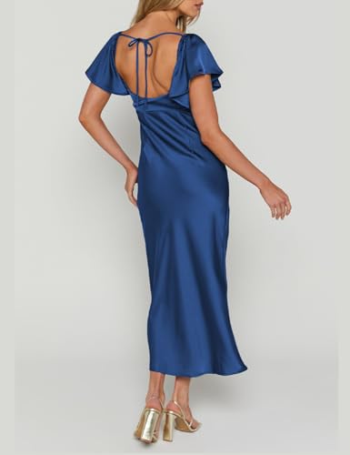 Image of Summer Satin Flutter Sleeve Wedding Guest Dresses for Women Sweetheart Neckline Cutout Tie Back Midi Cocktail Dress