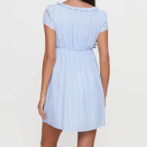 Image of Women Y2k Puff Sleeve Babydoll Dresses Square Neck Tie Back Mini Dress Summer Solid Off Shoulder Flowy Sundress
