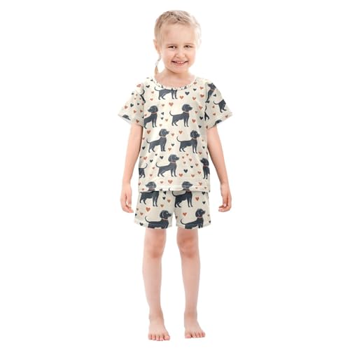 ALAZA Black Puppy Dog Love Heart Pajamas Set Short Sleeve Cotton Sleepwear Summer Pjs 2 Piece 5-14Y3