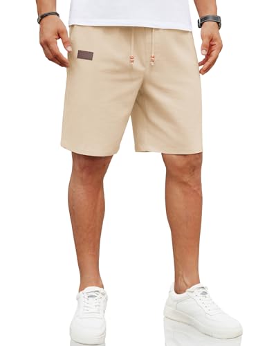 Image of COOFANDY Mens Casual Linen Shorts Elastic Waist Drawstring Loose Fit Summer Beach Vacation Shorts with Pockets