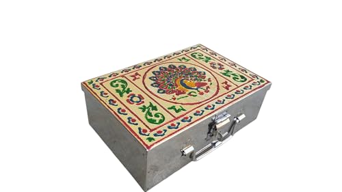 Image of Stainless Steel Storage Box, Cash Box, Pooja Peti, Organizer, Vanity Storage Box, Jewellery Safe Bank Locker, Cash Box With Handicrafts Digital Meena Kari Design (Red, 9 Inch)