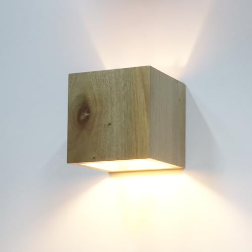 Alpinaluz Applique murale en bois naturel - Design cube, lumière haut et bas, culot E27, style nordique et moderne pour salon, chambre et couloir