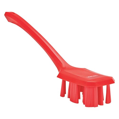 Vikan UST Hand Brush, Long Handle, Polyester Bristles, Red, Polypropylene Handle, Food Industry Cleaning, 395mm Length, Ultra Safe Technology, Angled Design, Machine & Container Safe