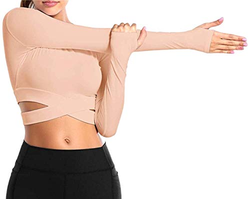 Bontierie Women Crew Neck Crop Tops Tummy Cross Long Sleeve Shirt for Yoga Fitness Running Tank Tops (Pink Long, Small)