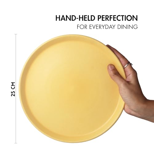 Image of Ceramic Dinner Plates, 4 Pcs | Rim Plate for Easy Eating | Microwave, Oven, Dishwasher Safe | Set of 4 Ceramic Plates for Dinner | Handmade | (Aamras Yellow, Set of 4 Dinner Plates)