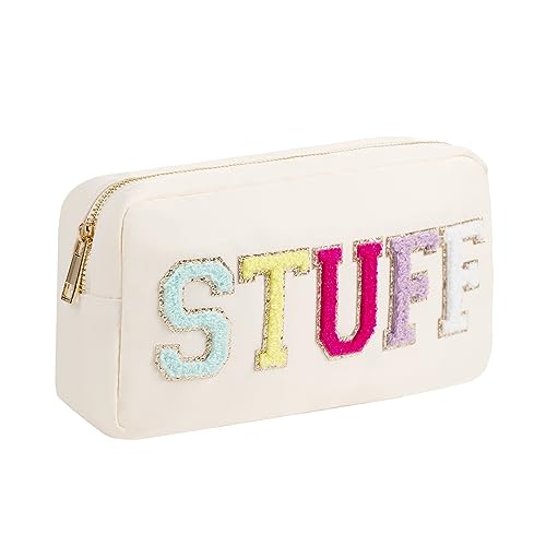 YogoRun Medium Pouch for Purse Glitter Chenille Stuff Pouch Women Nylon Pouch (M, Beige-Stuff)