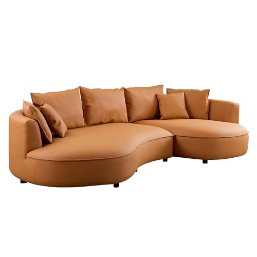 Image of KEIKI 129 inch Curved Oversized Modular Bonded Leather Sectional Sofa with Right Chaise, 4 Pillows, 3 Back Cushion, Modern Comfy 5-Seater Couch, Easy Assembly, for Apartment, Living Room, Orange
