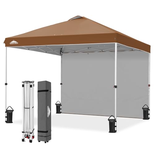 EAGLE PEAK Pop Up Canopy Tent with 1 Sidewall, Easy Setup Event Tent, Outdoor Sun Shade, Wheeled Carry Bag, Stakes and Guy Ropes, Instant Canopy 10x10, Khaki