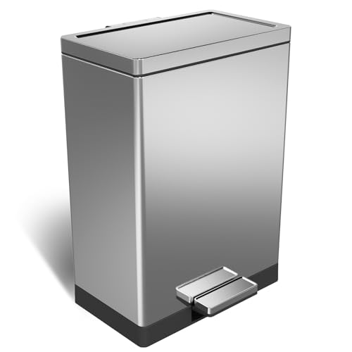 SIMPLYKLEEN 40 Liter / 10.5 Gallon Kitchen Trash Can with Lid, Large Step Garbage Can, Soft-Close Trash Bin for Bathroom Office, Brushed Stainless Steel