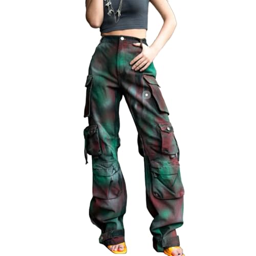Molilove Women's High Rise Cargo Jeans Tie Dye Camouflage Jeans Baggy Cargo Pants Stretch Comfy Denim Pants with Pockets