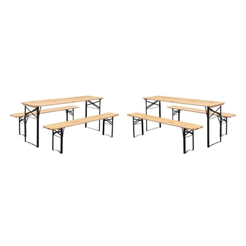 sweeek Juego de 2 mesas de recepción plegables de madera de abeto 2 bancos, Bayona, marrón natural, 177 x 49,5 x 75,5 cm