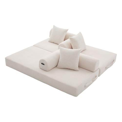 Sofá de compresión plegable para salones pequeños con bolsillos laterales beige 6