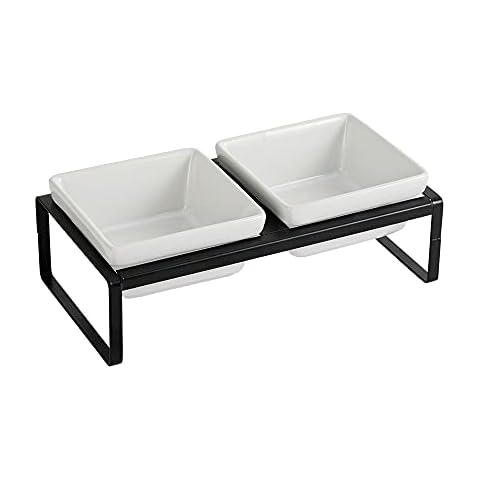 Ceramic Double Cat Food and Water Bowl Set ,Dog Cat Food Dish with Iron Stand,Elevated Cat  Bowls ,Raised Cat Food Bowls,Pet Bowl Stress Free for Cats,Chinchillas and Guinea Pigs-(280ML/9.4oz) X 2 Cover