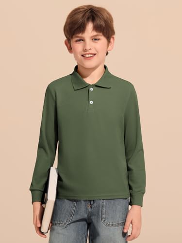 Haloumoning Boys Long Sleeve Pique Polo Shirts Kids School Uniform Shirt 5-14 Years2
