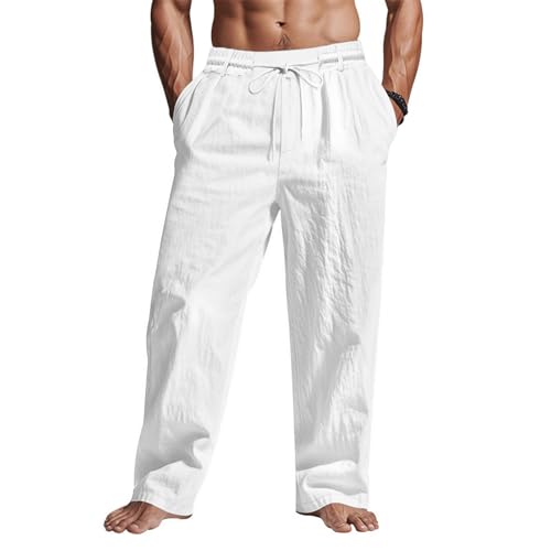 Puimentiua Men Casual Cotton Linen Pants Elastic Drawstring Waist Summer Trousers Loose Fit Lightweight Beach Lounge Pants (L White)