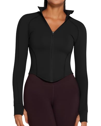 Image of AVGO Women's Workout Jacket Lightweight Zip Up Cropped Yoga Jackets Slim Fit Athletic Tops with Thumb Holes