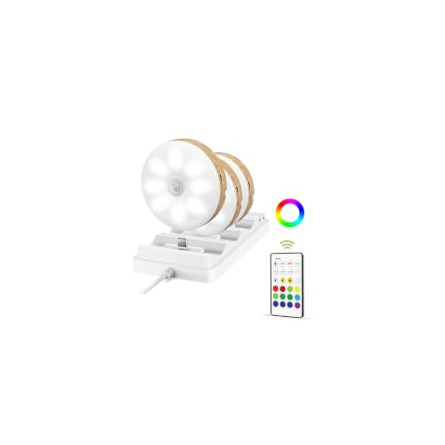 Image of EZVALO Under Cabinet Lighting with Charging Station, 1000mAh Rechargeable Puck Lights with Remote, 3 Color Temps & 12 RGB Closet Lights, Dimmable Motion Sensor Lights for Shelf, Kitchen (6 Packs)
