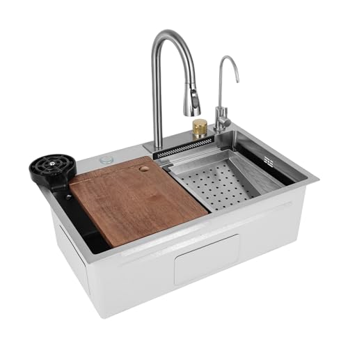 ROGONPDK Fregadero de cocina de acero inoxidable, fregadero de cocina de acero inoxidable, kit de fregadero con cascada, cestas de agua, grifos, tabla de cortar, lavadora de tazas, color plata, 75 x
