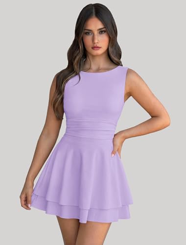 Image of IWD Women's Boat Neck Sleeveless Mini Dress Ruched Waist Flowy Tiered Ruffle Hem A Line Party Short Dresses
