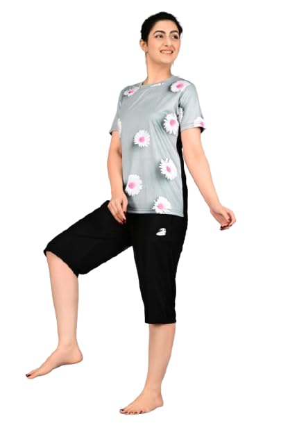 Women's Floral Print Swim Suit with Daisy Pattern, Grey, Short Sleeve, with Black Capri Pants