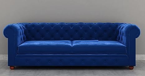 Image of Solid Wood Velvet Fabric L Shape Sofa Sofa for Living Room Button Tufted Sofa Chair for Home & Office (Left Aligned L-Shaped (3 Seater Blue)