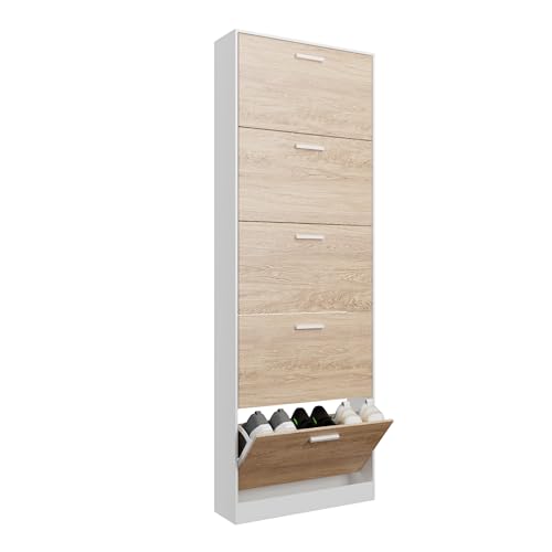CASABEL   Mueble de Almacenamiento para Zapatos, 15 Pares, Gran Capacidad, Ideal para la Entrada, 60 x 17 x 180 cm, Puertas de Madera Clara, Marco Blanco