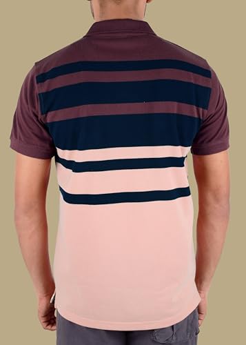 Image of 3BROS Mens Striped Polo Neck Half Sleeve Regular Fit T-Shirt for Men | Wine, S