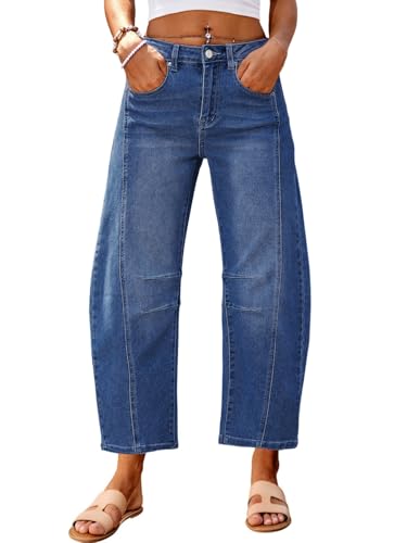 Genleck Barrel Jeans Women Wide Leg Cropped Jeans High Waisted Baggy Boyfriend Mom Denim Ankle Pants with Pockets