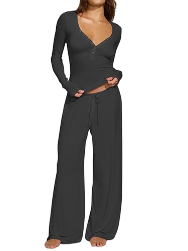 Pyjama Y2K femme gris foncé ensemble fluide t-shirt manches longues ajusté pantalon large