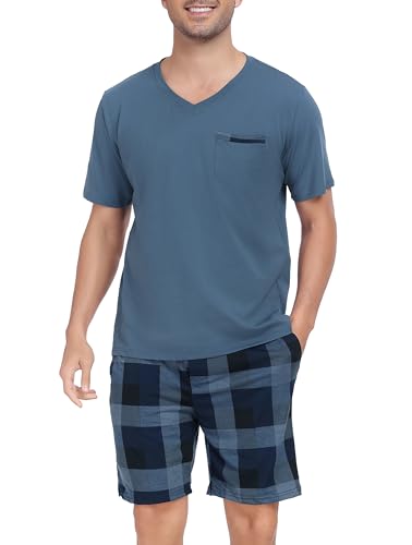 Vlazom Pijama Hombre Verano de Algodón,Pijama Corto Hombre de Dos Piezas con Bolsillos(S,Azul Cobalto)