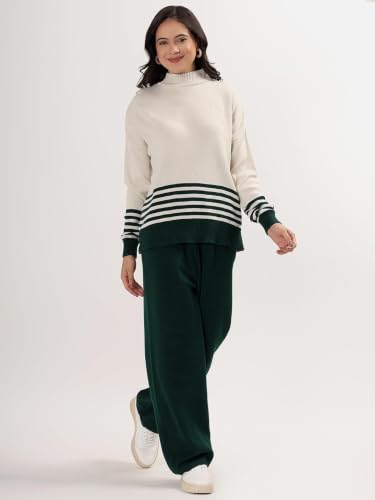 Image of Kvetoo Women Winter Coord Set Wool Blend Tracksuit High Neck Sweater and Wide Leg Pants Warm Knitwear Pyjama Set for Casual Office Travel Wear