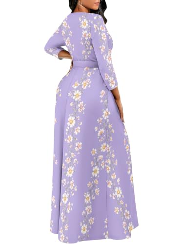 Image of Women Plus Size Long Sleeve V Neck Maxi Dress with Belt | Soft fabric relaxed fit three quarter sleeve v neck with pockets for party and daily wear