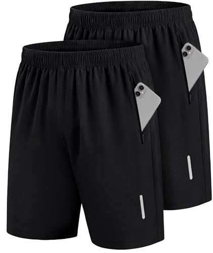 UUMIAER 2er-Pack Sporthose Herren Kurz Schnell Trocknend mit Reisverschlusstaschen Sport Shorts Kurze Hosen Geeignet für Verschiedene Freizeit und Sport Gelegenheiten(2×Schwarz,XL)